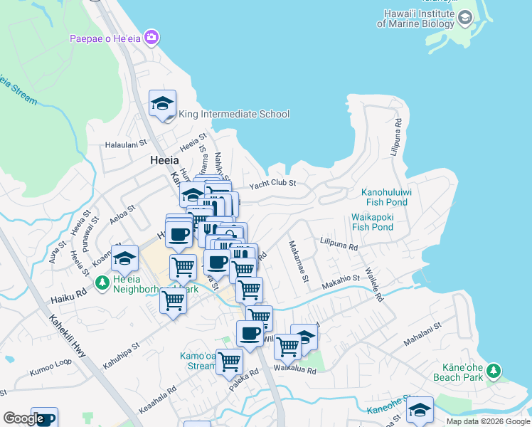 map of restaurants, bars, coffee shops, grocery stores, and more near 46-058 Aliianela Place in Kaneohe