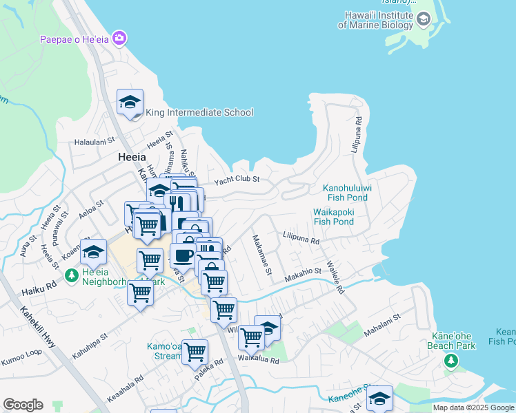 map of restaurants, bars, coffee shops, grocery stores, and more near 46-74 Puulena Street in Kaneohe