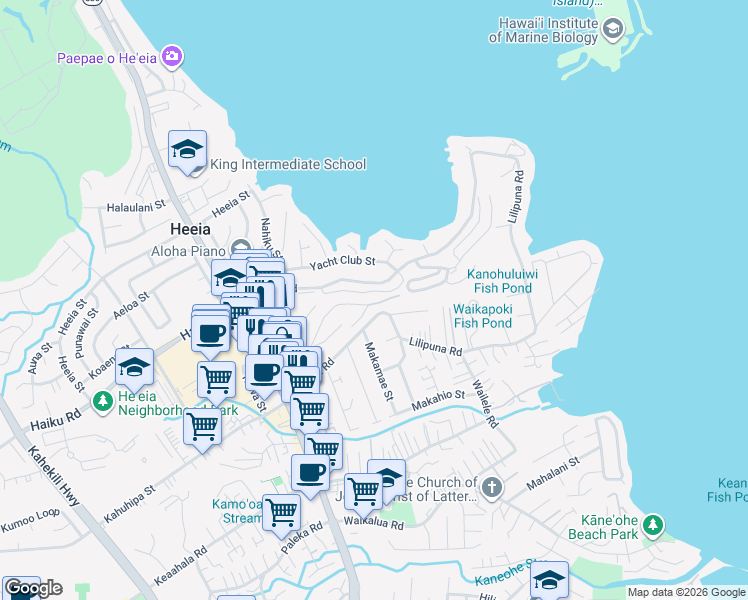 map of restaurants, bars, coffee shops, grocery stores, and more near 46-171 Lilipuna Road in Kaneohe