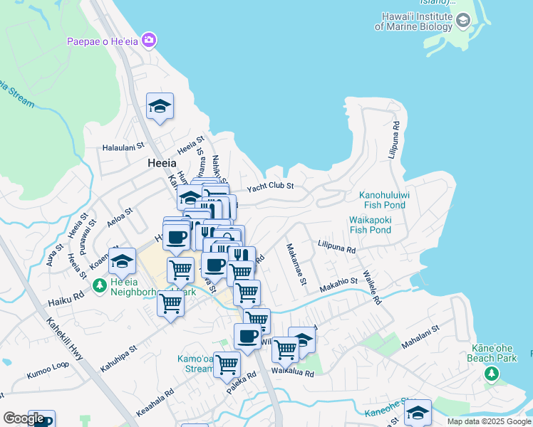 map of restaurants, bars, coffee shops, grocery stores, and more near 46-197 Lilipuna Road in Kaneohe