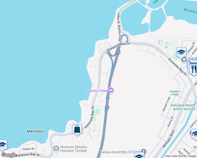 map of restaurants, bars, coffee shops, grocery stores, and more near 44-375 Kaneohe Bay Drive in Kaneohe