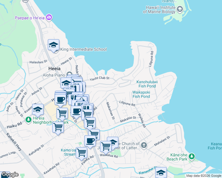 map of restaurants, bars, coffee shops, grocery stores, and more near 46-171 Lilipuna Road in Kaneohe