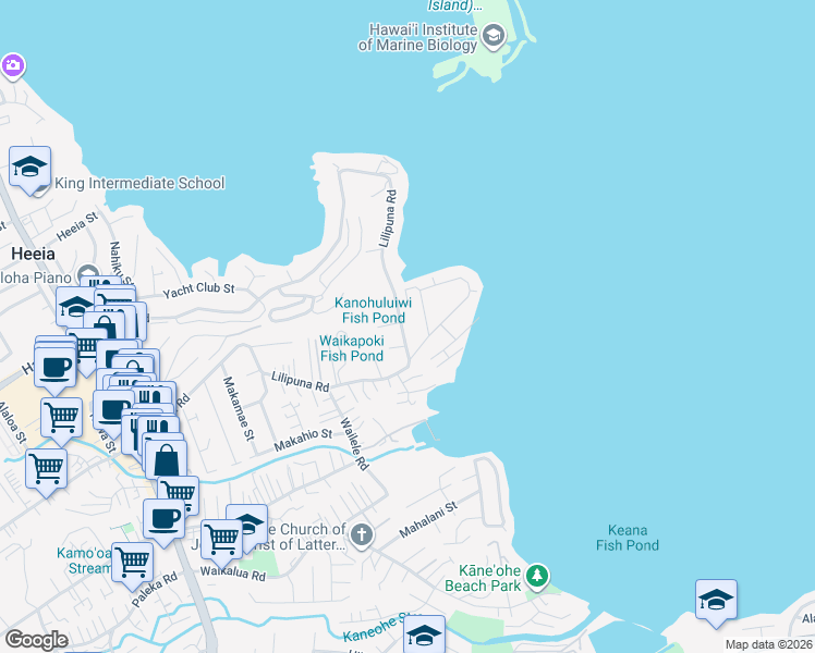 map of restaurants, bars, coffee shops, grocery stores, and more near 45-104 Lilipuna Road in Kaneohe