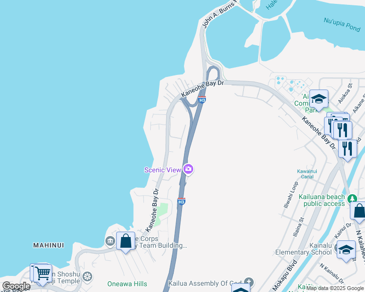 map of restaurants, bars, coffee shops, grocery stores, and more near 44-368 Kaneohe Bay Drive in Kaneohe