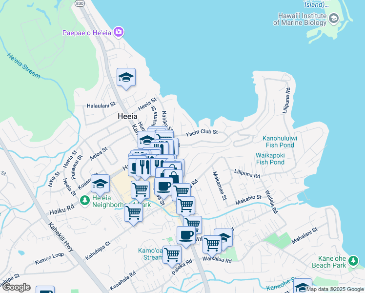 map of restaurants, bars, coffee shops, grocery stores, and more near 46-118 Kiowai Street in Kaneohe