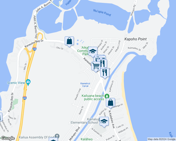 map of restaurants, bars, coffee shops, grocery stores, and more near 316 Ilihau Street in Kailua