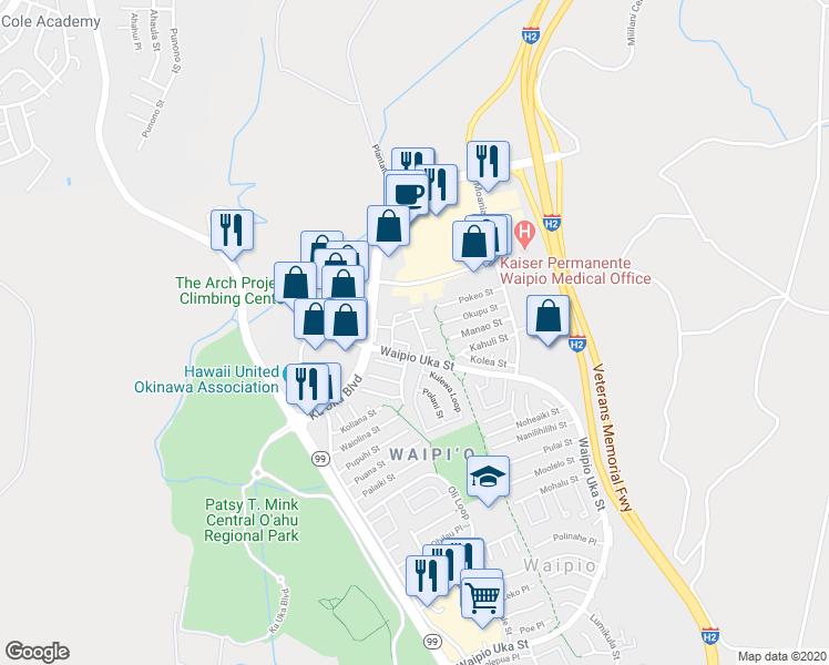 map of restaurants, bars, coffee shops, grocery stores, and more near 94-1465 Waipio Uka Street in Waipahu