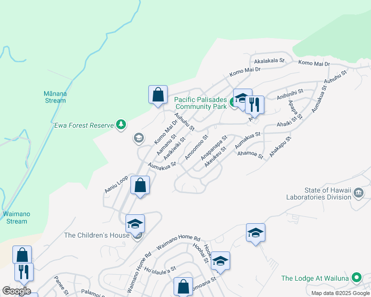map of restaurants, bars, coffee shops, grocery stores, and more near 2156F Aumakua Street in Pearl City