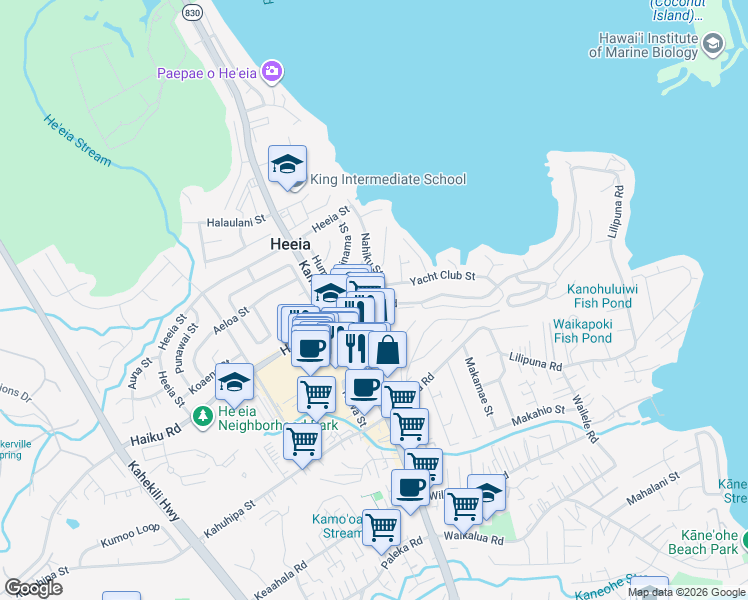 map of restaurants, bars, coffee shops, grocery stores, and more near 46-248 Kapea Place in Kaneohe