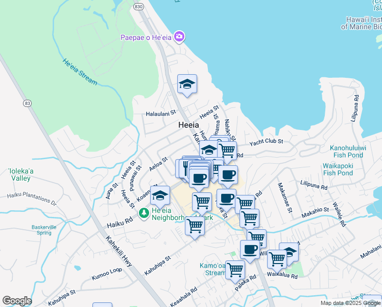 map of restaurants, bars, coffee shops, grocery stores, and more near 46-116 Miki Place in Kaneohe