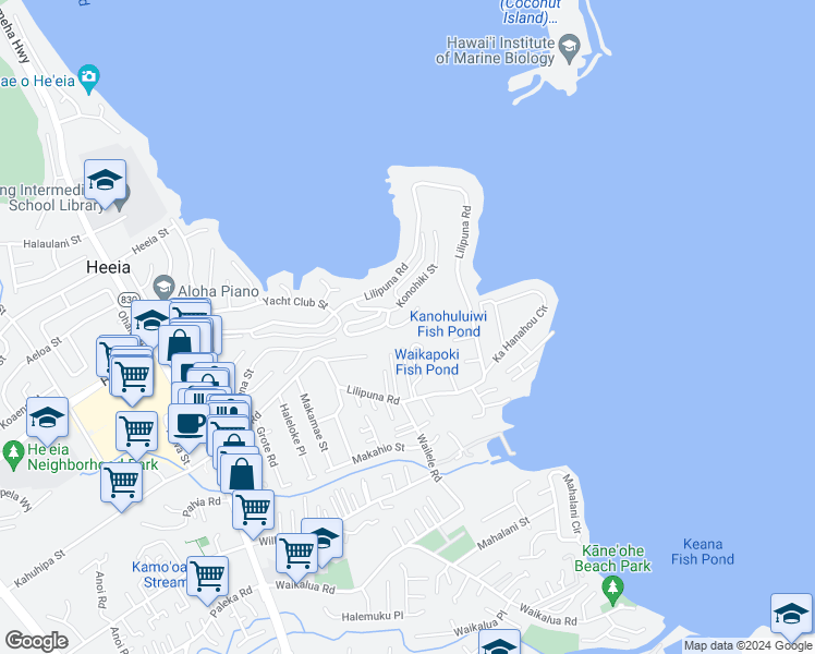 map of restaurants, bars, coffee shops, grocery stores, and more near 46-55 Meheanu Place in Kaneohe