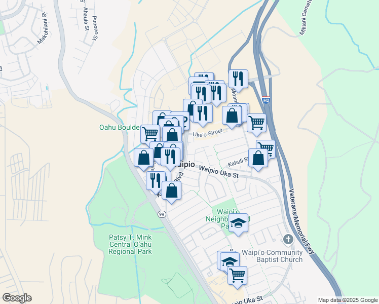 map of restaurants, bars, coffee shops, grocery stores, and more near 941121 Ka Uka Boulevard in Waipahu
