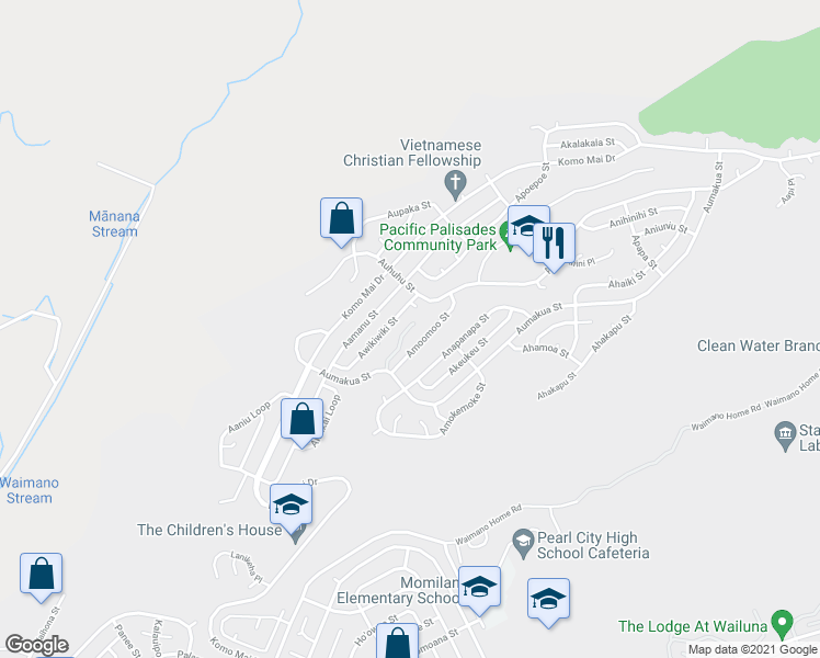 map of restaurants, bars, coffee shops, grocery stores, and more near 2156F Aumakua Street in Pearl City