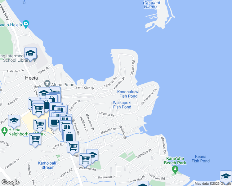 map of restaurants, bars, coffee shops, grocery stores, and more near 46-75 Meheanu Place in Kaneohe