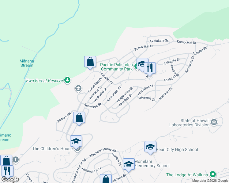 map of restaurants, bars, coffee shops, grocery stores, and more near 2156F Aumakua Street in Pearl City