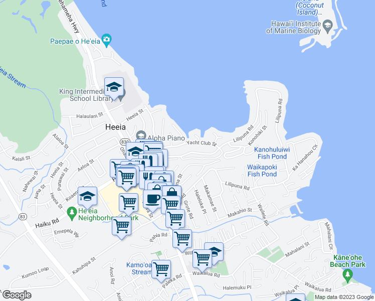 map of restaurants, bars, coffee shops, grocery stores, and more near 46-197 Lilipuna Road in Kaneohe