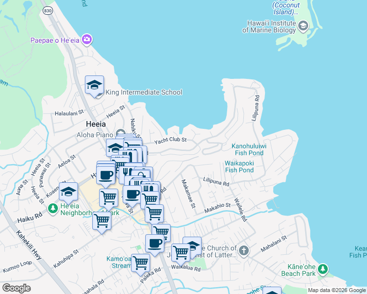 map of restaurants, bars, coffee shops, grocery stores, and more near 46-171 Lilipuna Road in Kaneohe