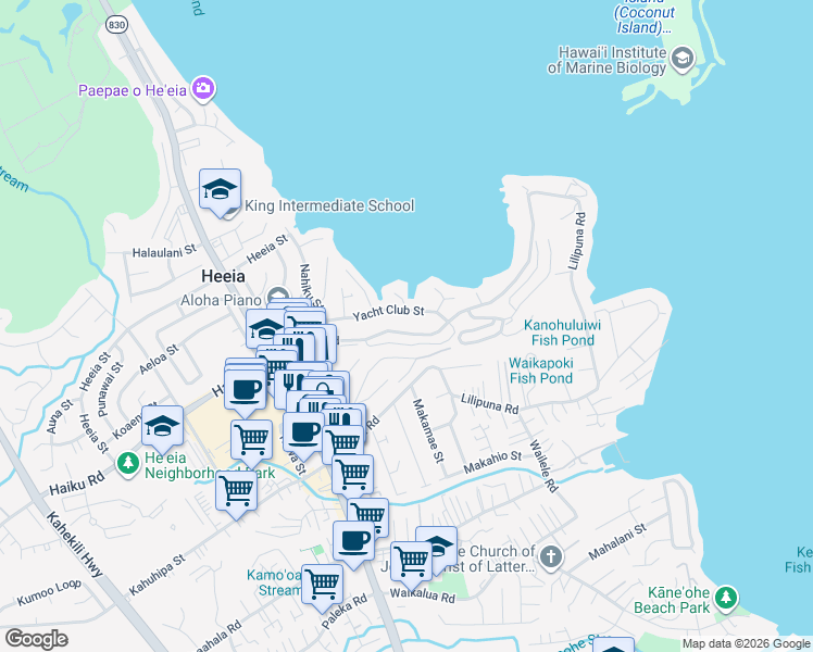 map of restaurants, bars, coffee shops, grocery stores, and more near 46-171 Lilipuna Road in Kaneohe