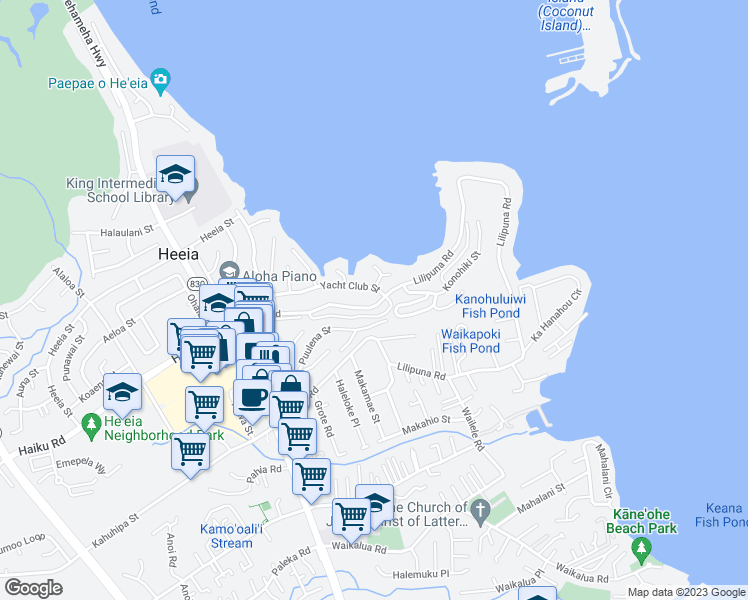 map of restaurants, bars, coffee shops, grocery stores, and more near 46-157 Lilipuna Road in Kaneohe