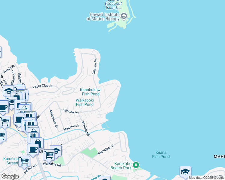 map of restaurants, bars, coffee shops, grocery stores, and more near 45-125 Ka Hanahou Circle in Kaneohe