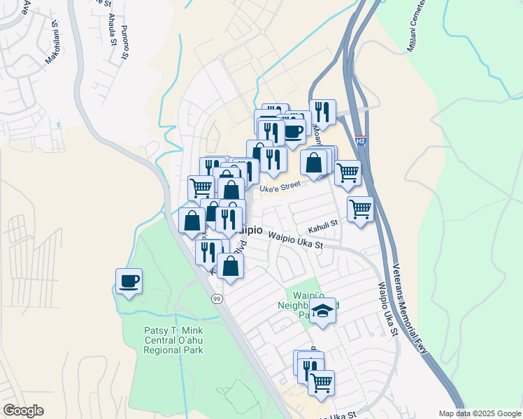 map of restaurants, bars, coffee shops, grocery stores, and more near 941121 Ka Uka Boulevard in Waipahu