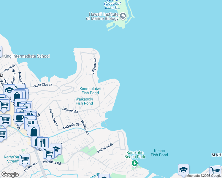 map of restaurants, bars, coffee shops, grocery stores, and more near 45-124 Ka Hanahou Circle in Kaneohe