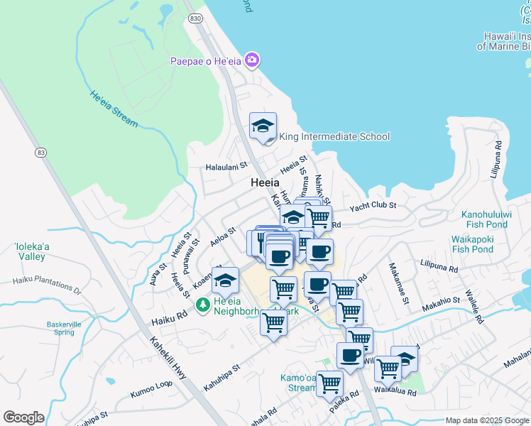 map of restaurants, bars, coffee shops, grocery stores, and more near 46-114 Aeloa Street in Kaneohe