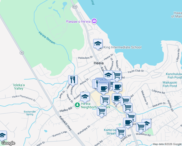 map of restaurants, bars, coffee shops, grocery stores, and more near 46-143 Aeloa Street in Kaneohe