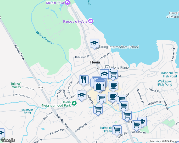 map of restaurants, bars, coffee shops, grocery stores, and more near 46-143 Aeloa Street in Kaneohe