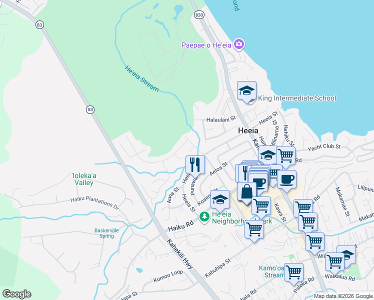 map of restaurants, bars, coffee shops, grocery stores, and more near 46-185 Kalali Place in Kaneohe