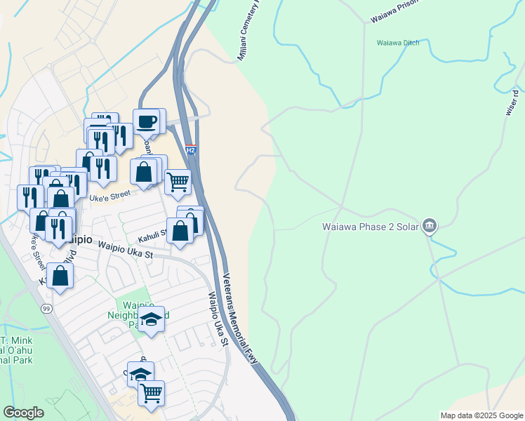 map of restaurants, bars, coffee shops, grocery stores, and more near Veterans Memorial Freeway in Waipahu