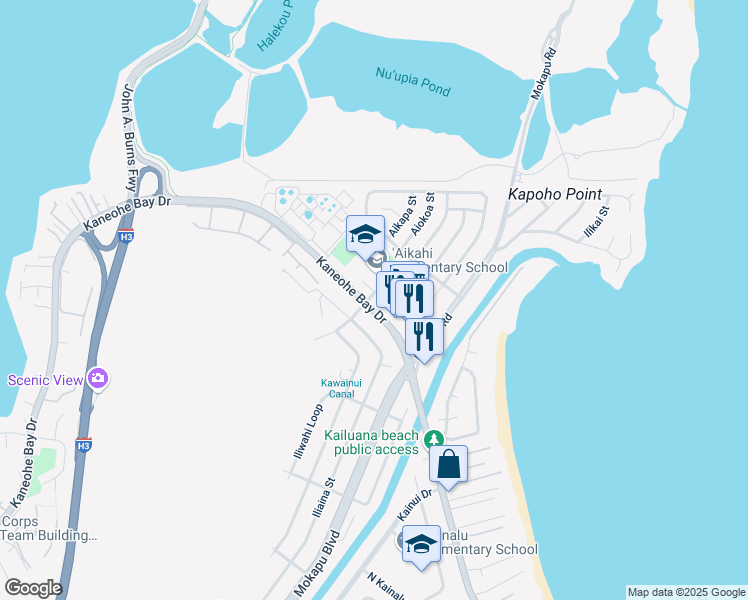 map of restaurants, bars, coffee shops, grocery stores, and more near 47 Kaneohe Bay Drive in Kailua