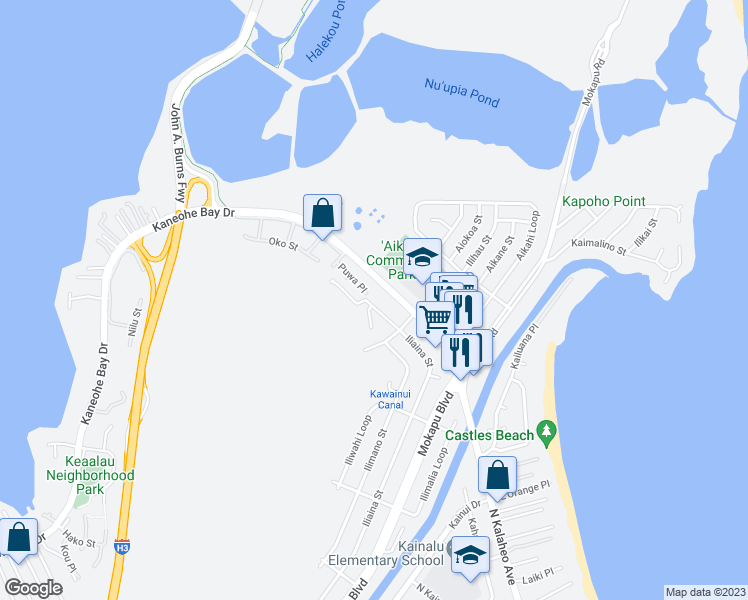 map of restaurants, bars, coffee shops, grocery stores, and more near 242 Iliaina Street in Kailua