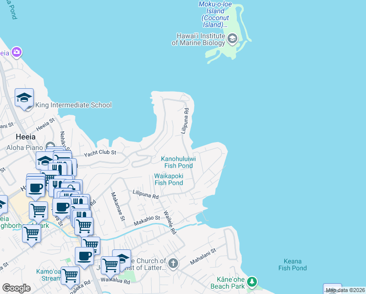 map of restaurants, bars, coffee shops, grocery stores, and more near 45-59 Lilipuna Road in Kaneohe