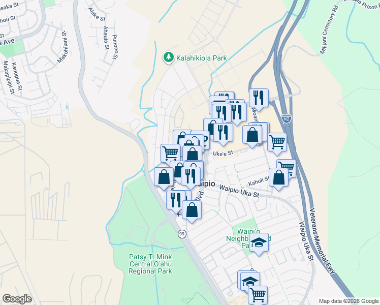 map of restaurants, bars, coffee shops, grocery stores, and more near 94-469 Ukeʻe Street in Waipahu