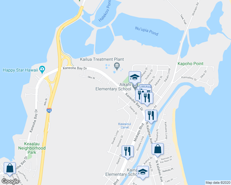 map of restaurants, bars, coffee shops, grocery stores, and more near 242 Iliaina Street in Kailua