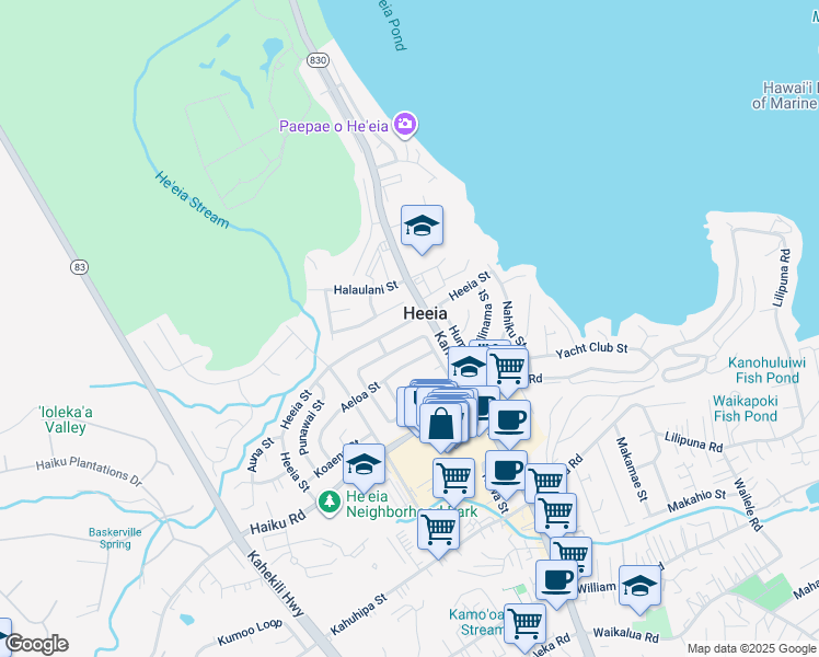 map of restaurants, bars, coffee shops, grocery stores, and more near in Heeia