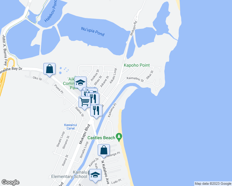 map of restaurants, bars, coffee shops, grocery stores, and more near 742 Mokapu Rd in Kailua