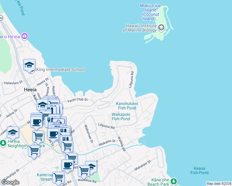 map of restaurants, bars, coffee shops, grocery stores, and more near 46-81 Konohiki Street in Kaneohe