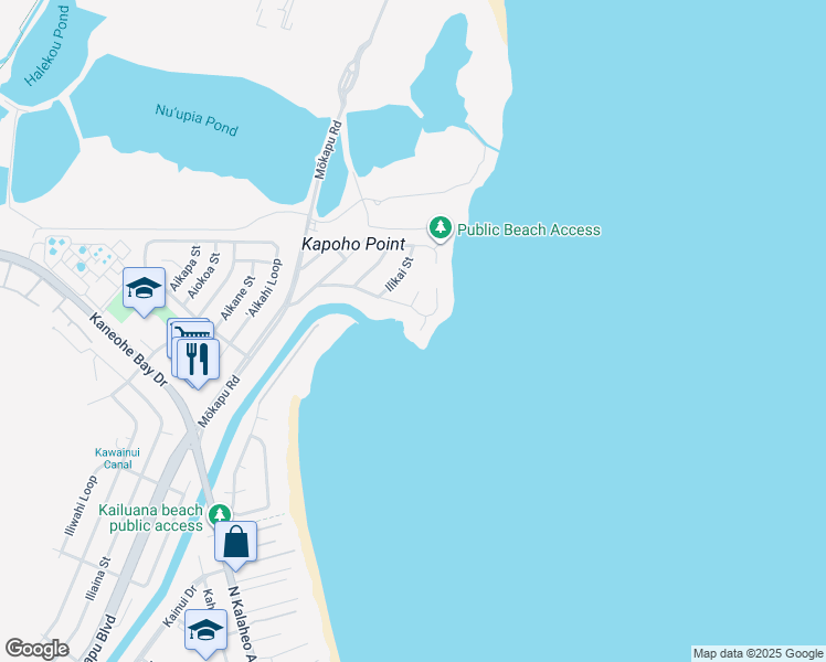 map of restaurants, bars, coffee shops, grocery stores, and more near 611 Kaimalino Place in Kailua