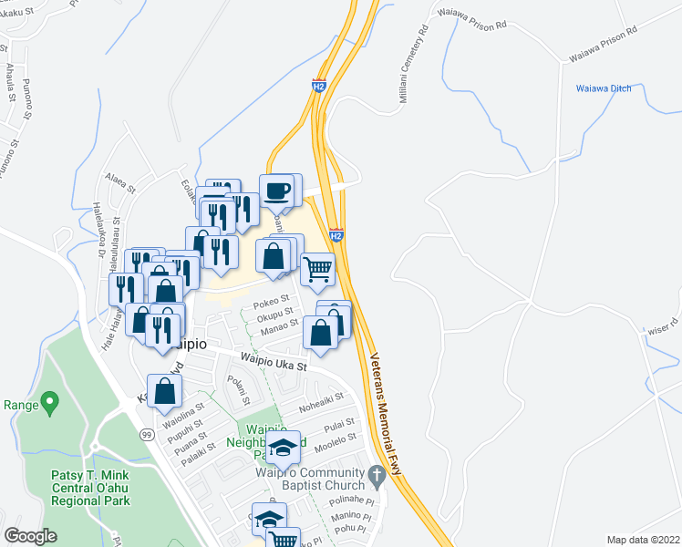map of restaurants, bars, coffee shops, grocery stores, and more near Veterans Memorial Freeway in Waipahu