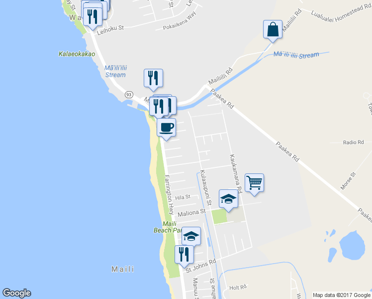 map of restaurants, bars, coffee shops, grocery stores, and more near 87-153 Alapaki Street in Waianae