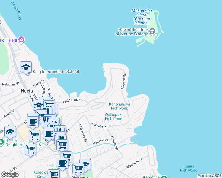 map of restaurants, bars, coffee shops, grocery stores, and more near 46-77 Lilipuna Road in Kaneohe