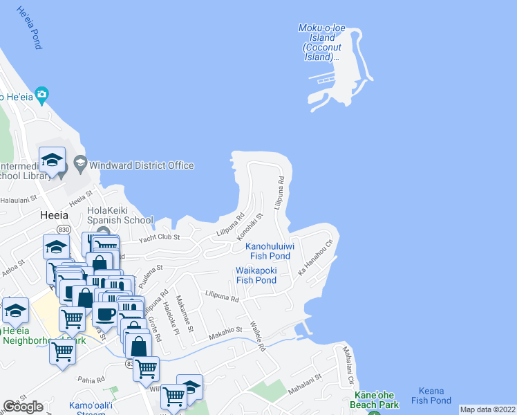 map of restaurants, bars, coffee shops, grocery stores, and more near 46-77 Lilipuna Road in Kaneohe