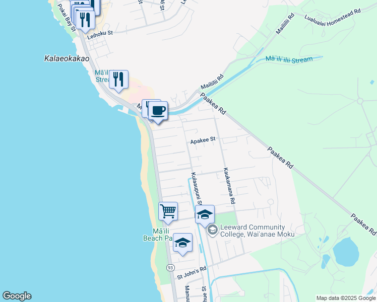 map of restaurants, bars, coffee shops, grocery stores, and more near 87-116 Kulaaupuni Street in Waianae
