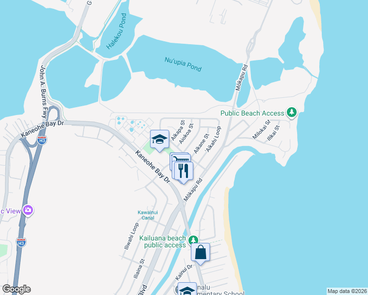 map of restaurants, bars, coffee shops, grocery stores, and more near 241 Ilihau Street in Kailua
