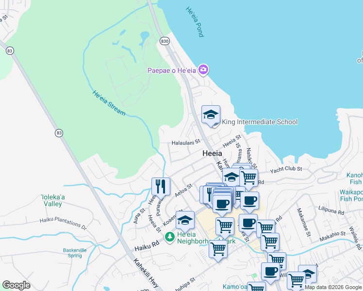 map of restaurants, bars, coffee shops, grocery stores, and more near 46-138 Halaulani Street in Kaneohe