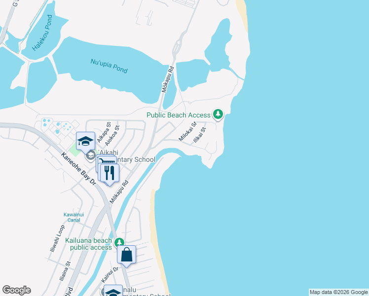 map of restaurants, bars, coffee shops, grocery stores, and more near 650 Kaimalino Street in Kailua
