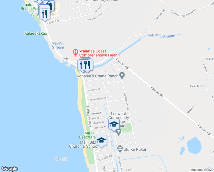 map of restaurants, bars, coffee shops, grocery stores, and more near 87-116 Kulaaupuni Street in Waianae