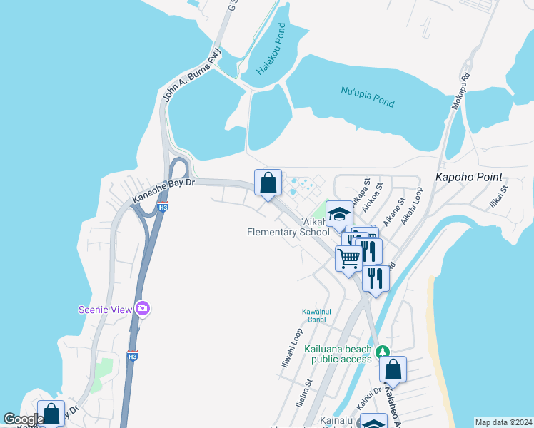 map of restaurants, bars, coffee shops, grocery stores, and more near 3211 Halia Street in Kailua